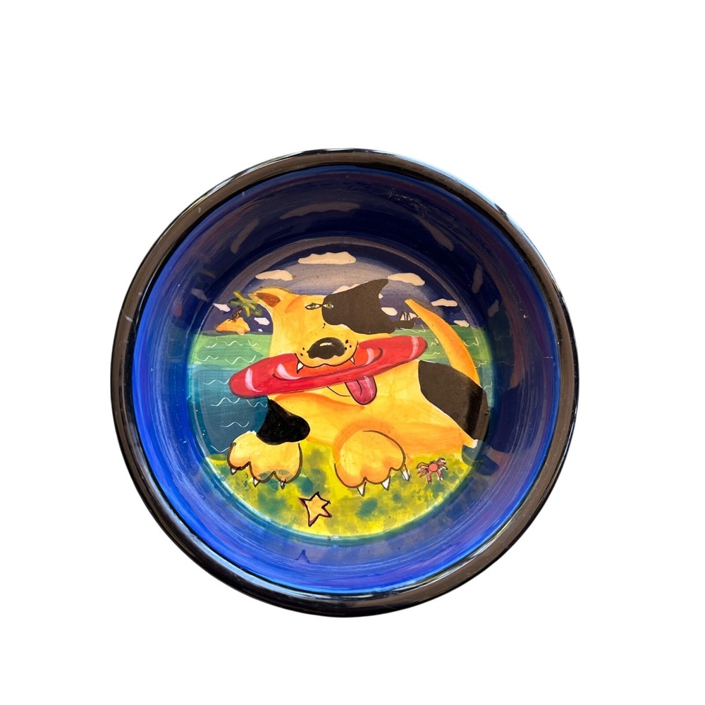 Naylor Designs 2005 Handpainted Ceramic Dog Bowl Blue Red Polka Dot Frisbee 7.5"